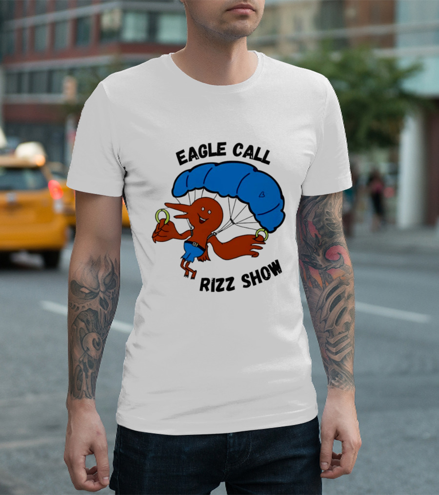 Eagle Call Rizz Show Parachuting Bird Character With Blue Canopy T-Shirt
