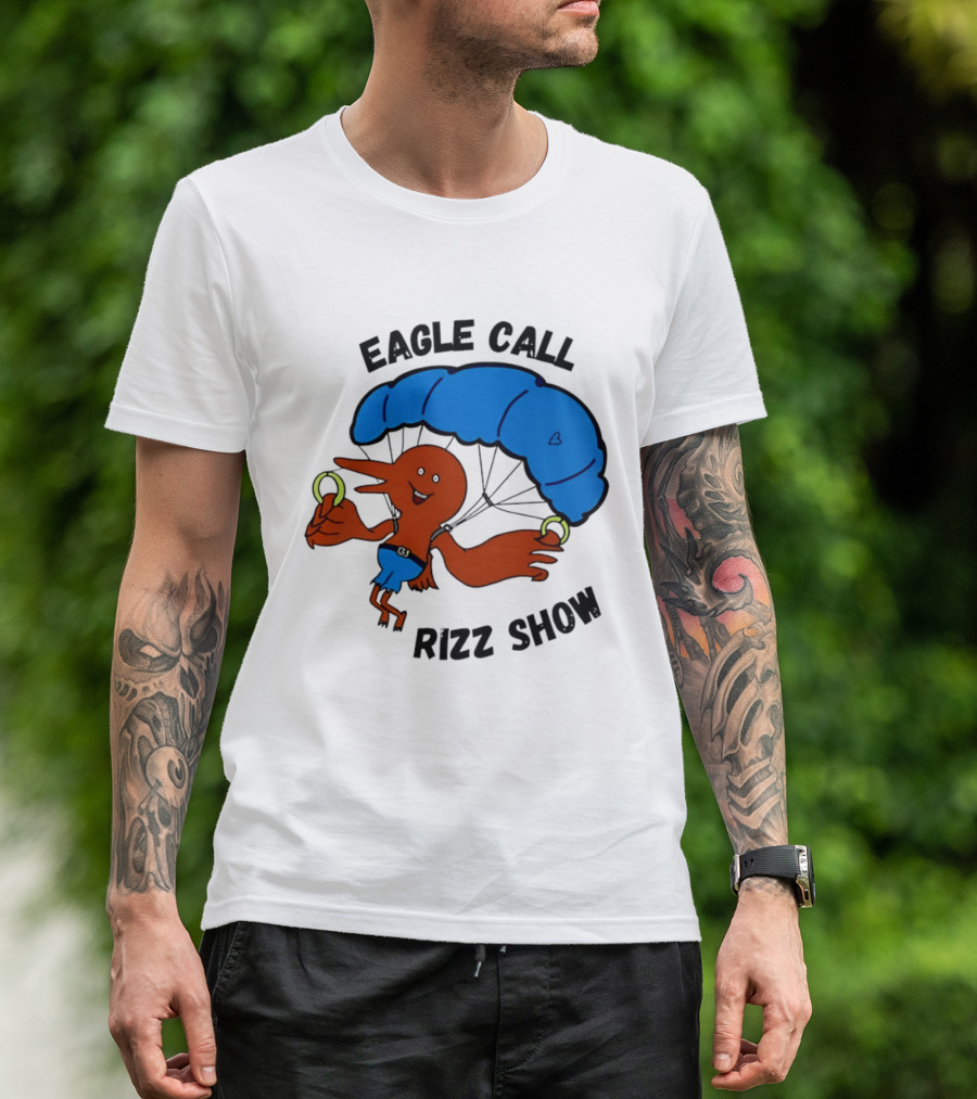 Eagle Call Rizz Show Parachuting Bird Character With Blue Canopy T-Shirt