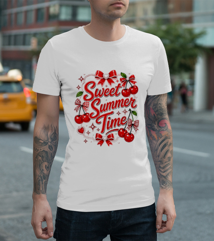 Sweet Summer Time Cherry Pearl Ribbon Hearts Bows T-Shirt
