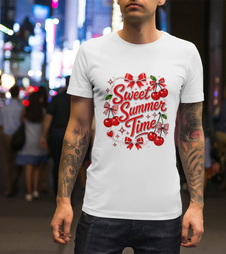 Sweet Summer Time Cherry Pearl Ribbon Hearts Bows T-Shirt