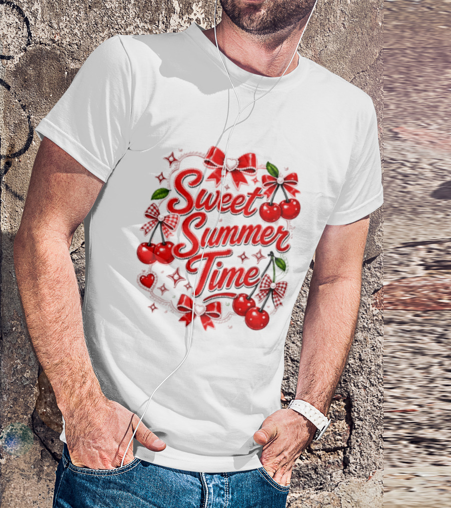 Sweet Summer Time Cherry Pearl Ribbon Hearts Bows T-Shirt