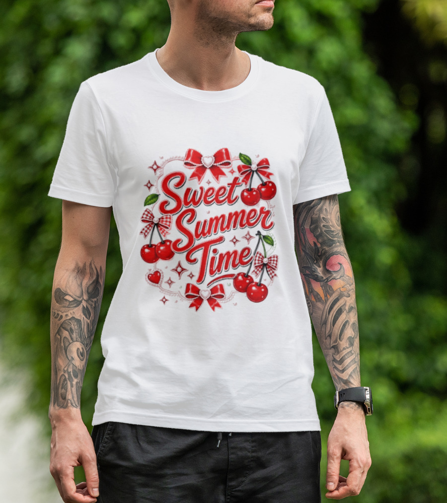 Sweet Summer Time Cherry Pearl Ribbon Hearts Bows T-Shirt