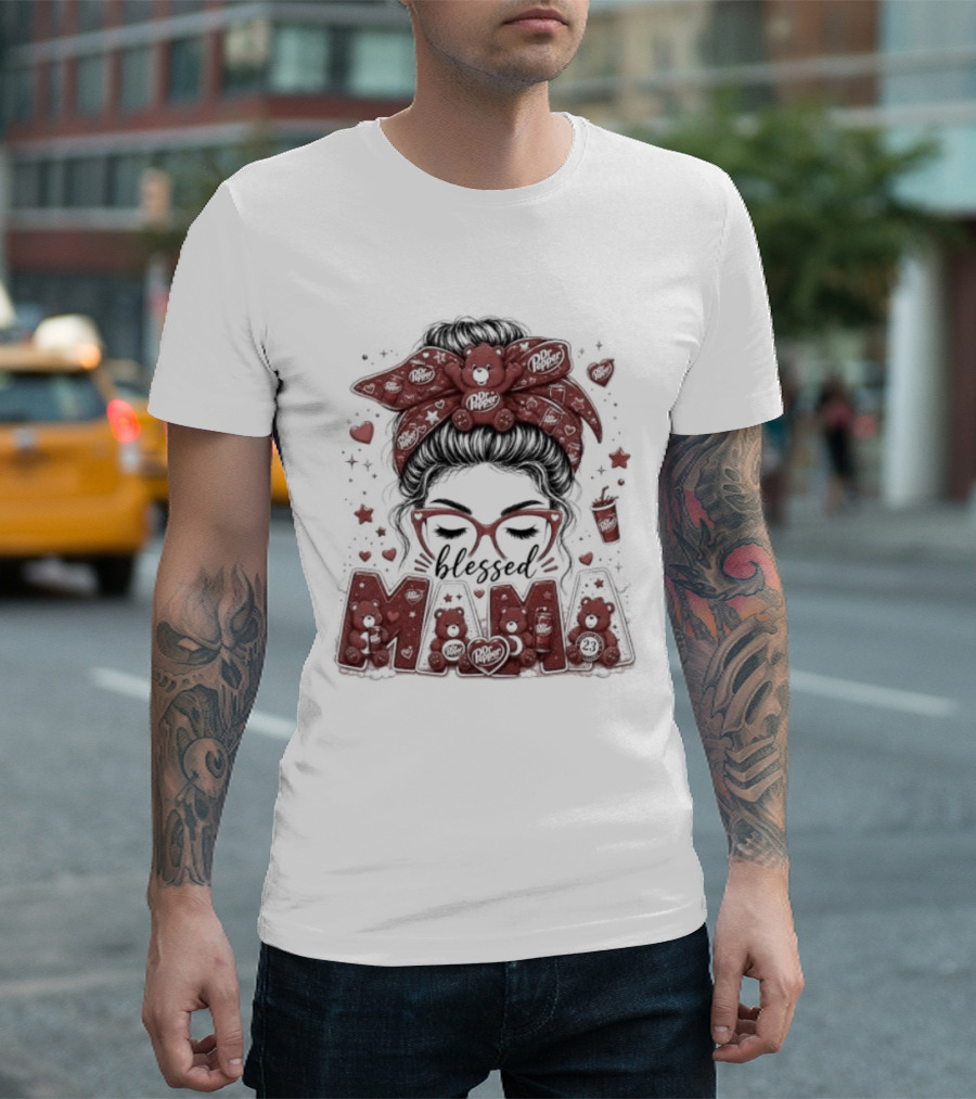 Messy Bun Dr Pepper Blessed Mama Glasses And Bandana T-Shirt