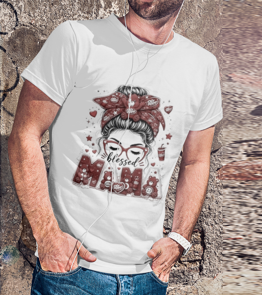 Messy Bun Dr Pepper Blessed Mama Glasses And Bandana T-Shirt