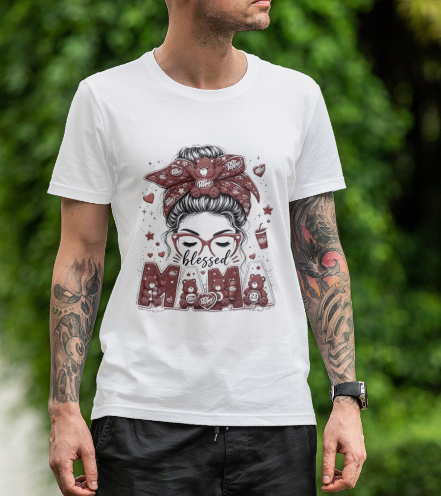 Messy Bun Dr Pepper Blessed Mama Glasses And Bandana T-Shirt