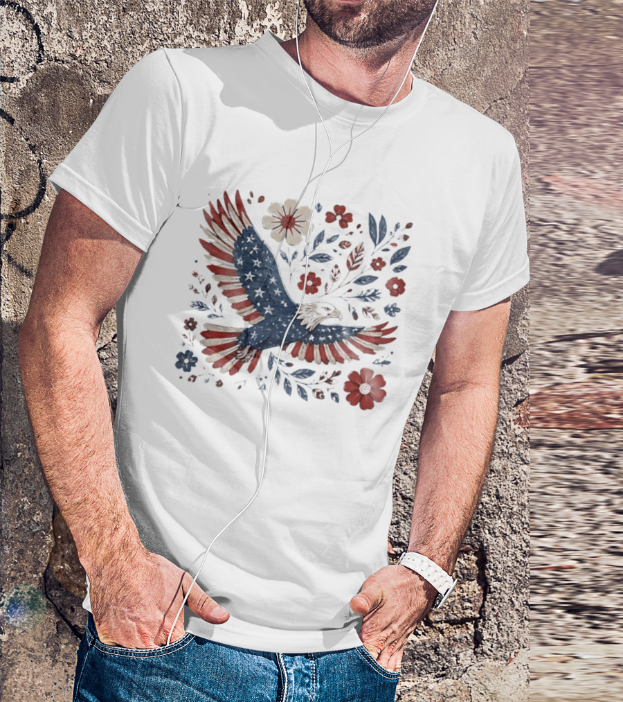 Patriotic Eagle 4th Of July USA 250th Anniversary Freedom Floral T-Shirt