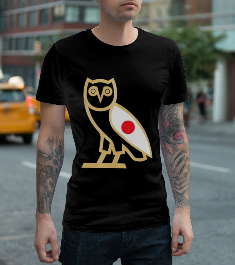 OVO Owl Japan Flag Icon Gold Outline And Red Circle Motif T-Shirt
