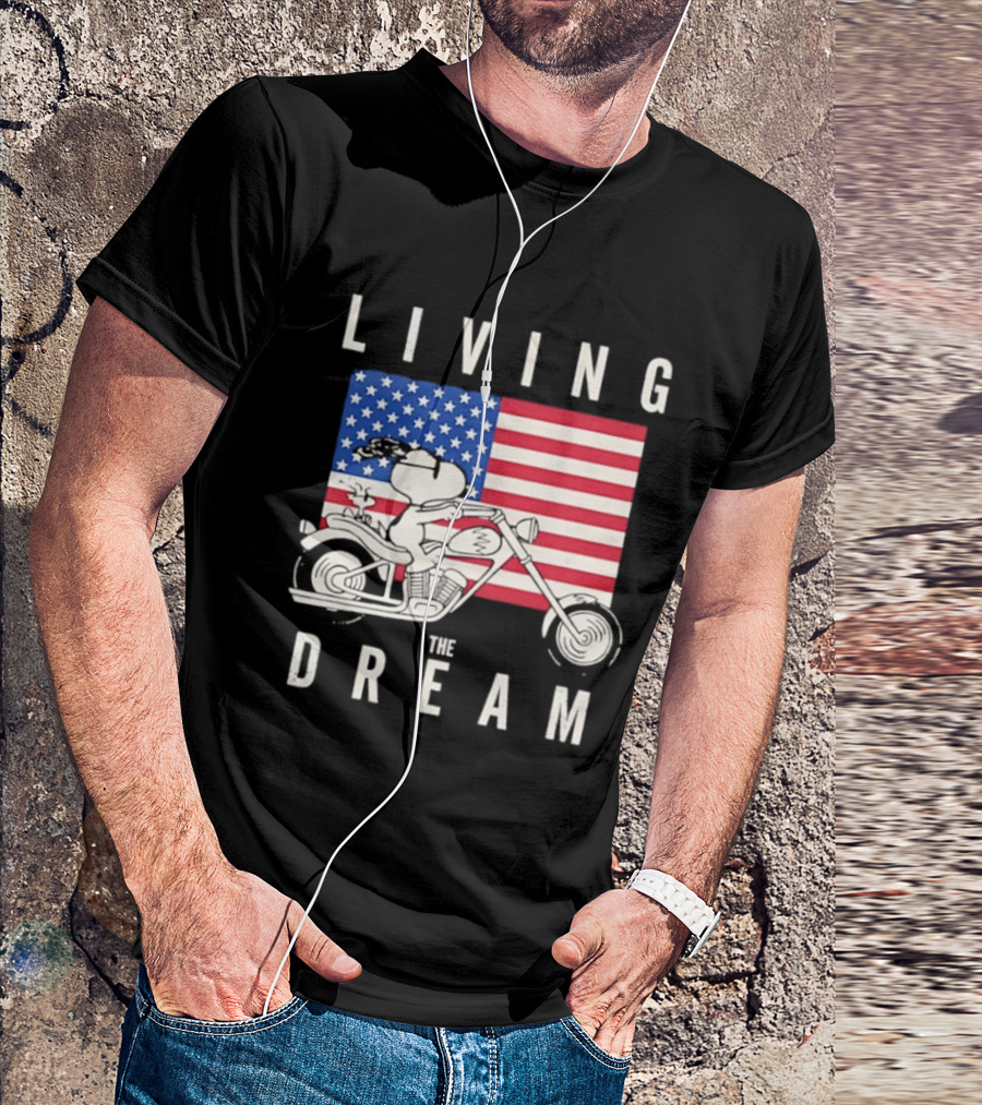 Living The Dream Snoopy Woodstock Motorcycle American Flag Peanuts T-Shirt