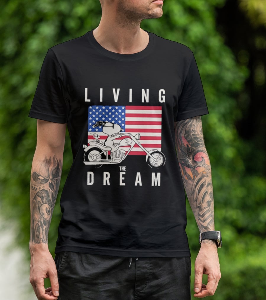 Living The Dream Snoopy Woodstock Motorcycle American Flag Peanuts T-Shirt