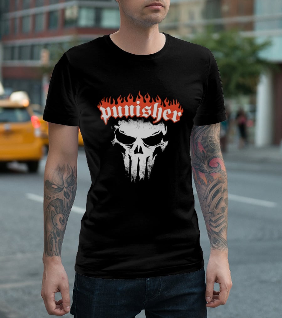 Punisher Skull Flame Graphic With Fiery T-Shirt
