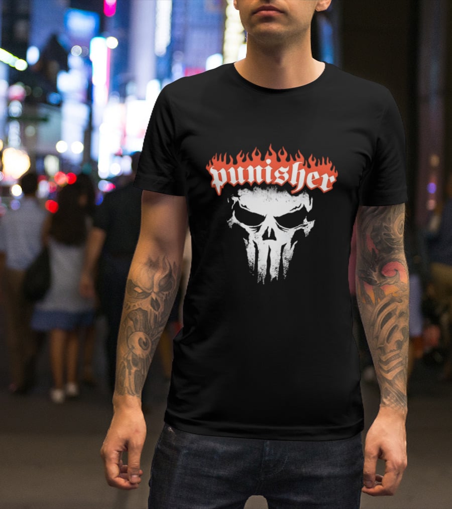 Punisher Skull Flame Graphic With Fiery T-Shirt