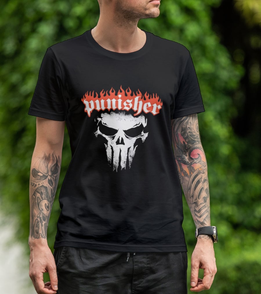 Punisher Skull Flame Graphic With Fiery T-Shirt