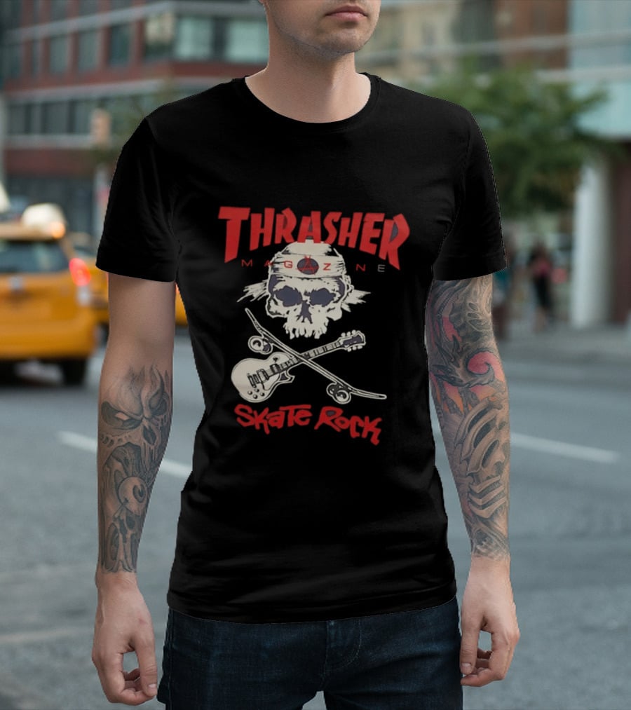 Thrasher Magazine Skate Rock Skull Guitar Crossbones T-Shirt