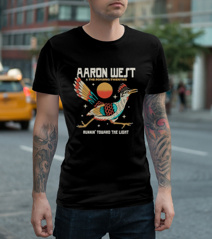 Aaron West & The Roaring Twenties Runnin' Toward The Light Colorful Bird And Orange Sun T-Shirt