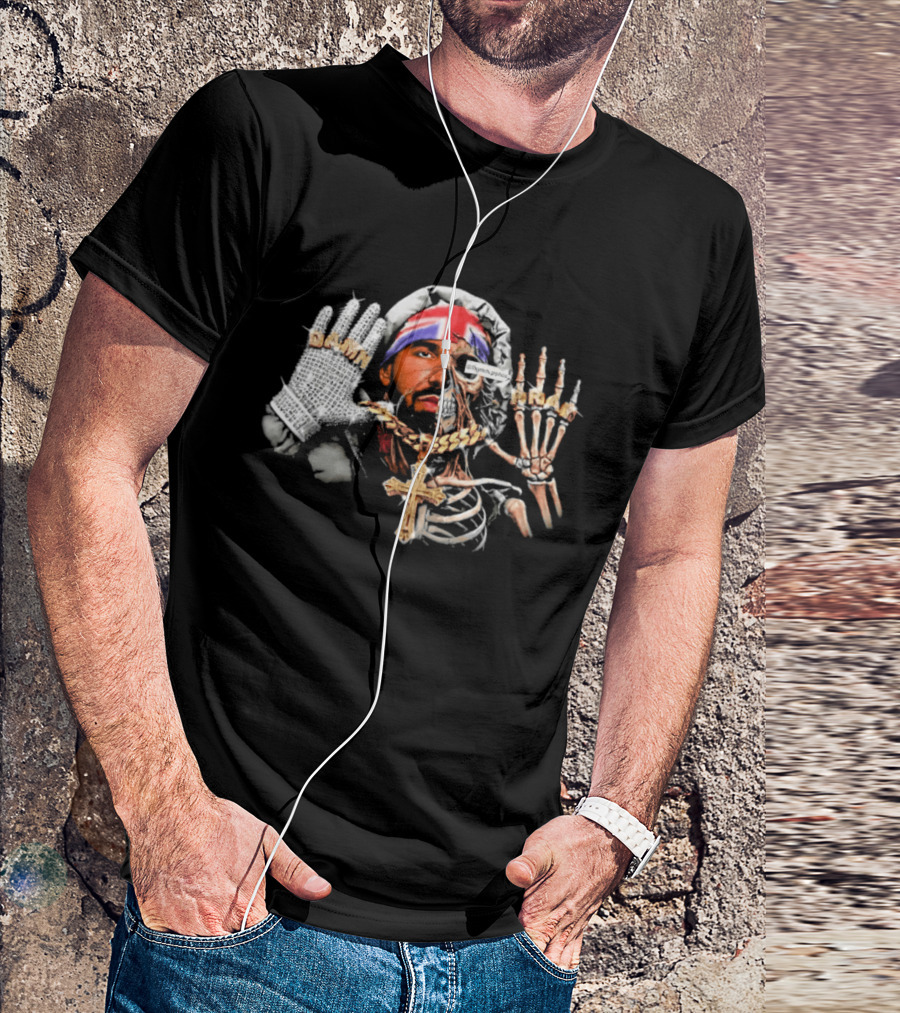 Damn Pray Skeleton Half Face Union Jack Diamond Glove Cross Necklace T-Shirt
