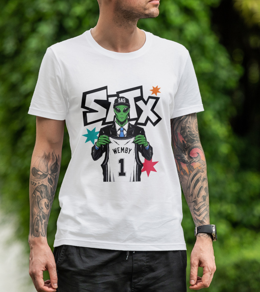 STX SAS Alien Wemby Holding Spurs Jersey Victor Wembanyama T-Shirt