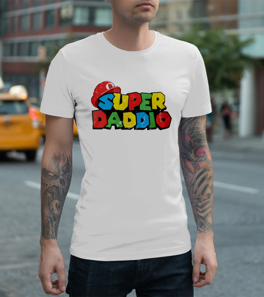 Super Daddio Mario Cartoon Colorful Text With Red Hat T-Shirt