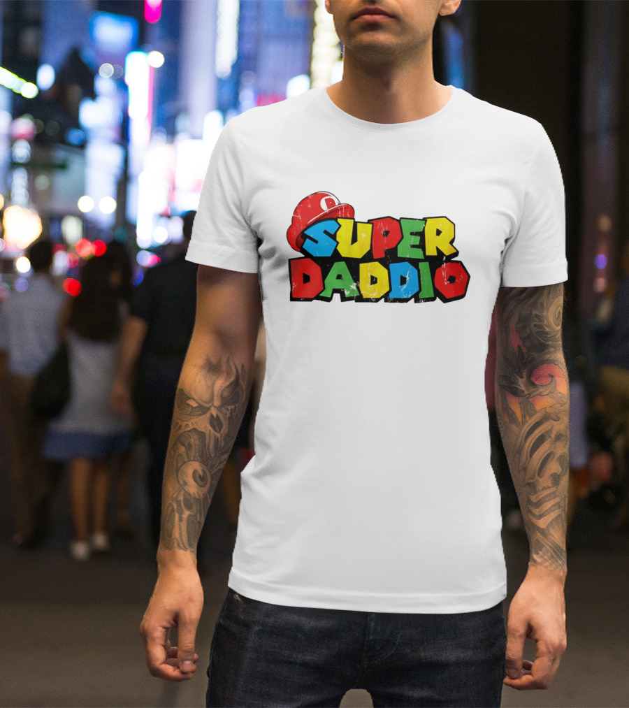 Super Daddio Mario Cartoon Colorful Text With Red Hat T-Shirt