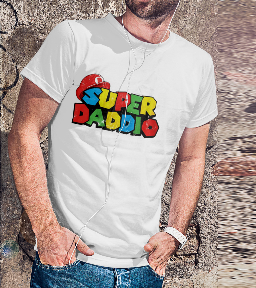 Super Daddio Mario Cartoon Colorful Text With Red Hat T-Shirt