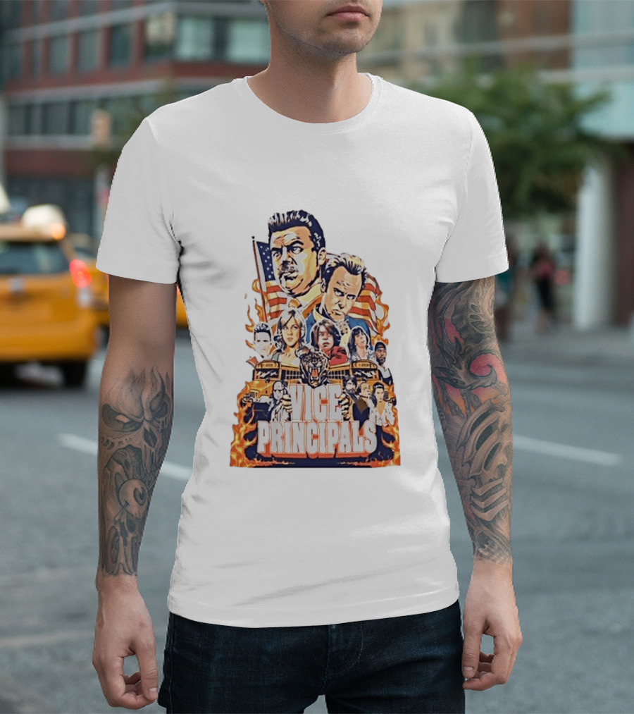 Vice Principals TV Show Cast Collage With School Bus And American Flag T-Shirt