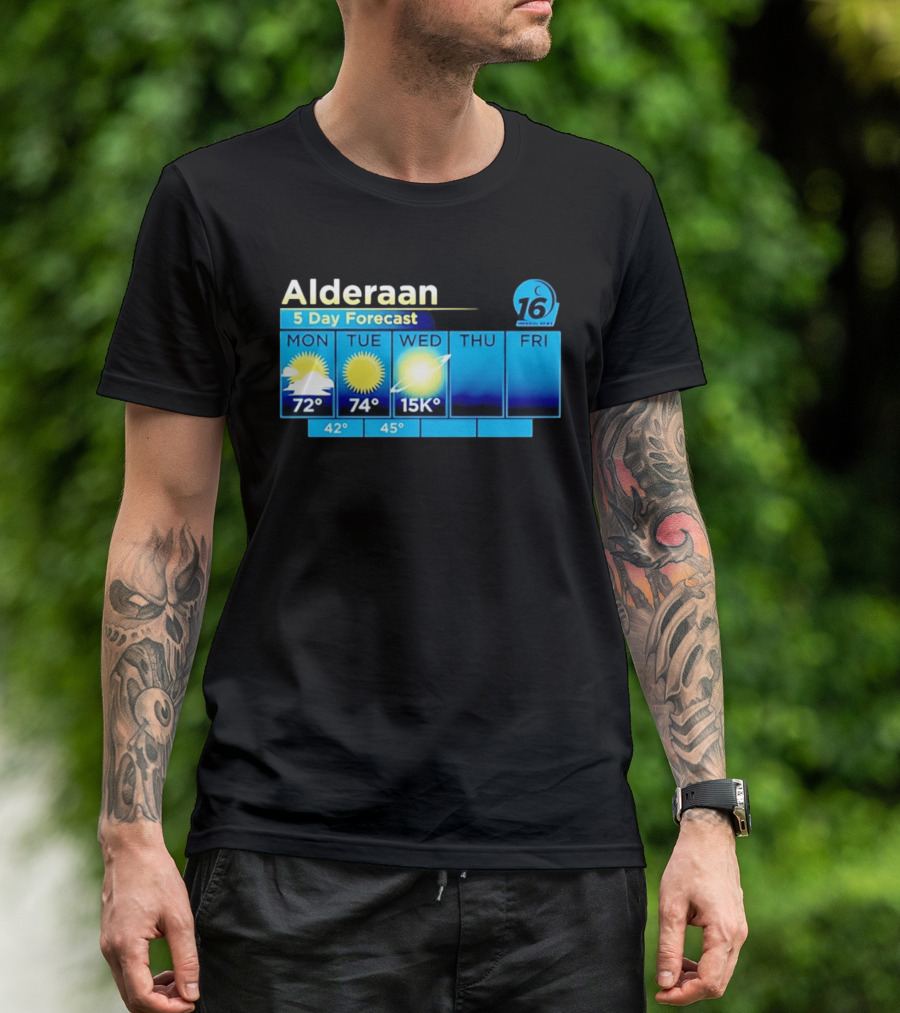 Alderaan 5 Day Forecast Weather Channel Sci Fi Parody 15K Degrees Mon Thu Fri T-Shirt