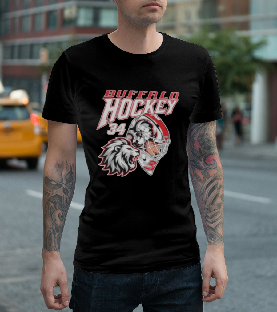 Buffalo Hockey 34 Alex Lyon Lion Graphic With Hockey Helmet T-Shirt