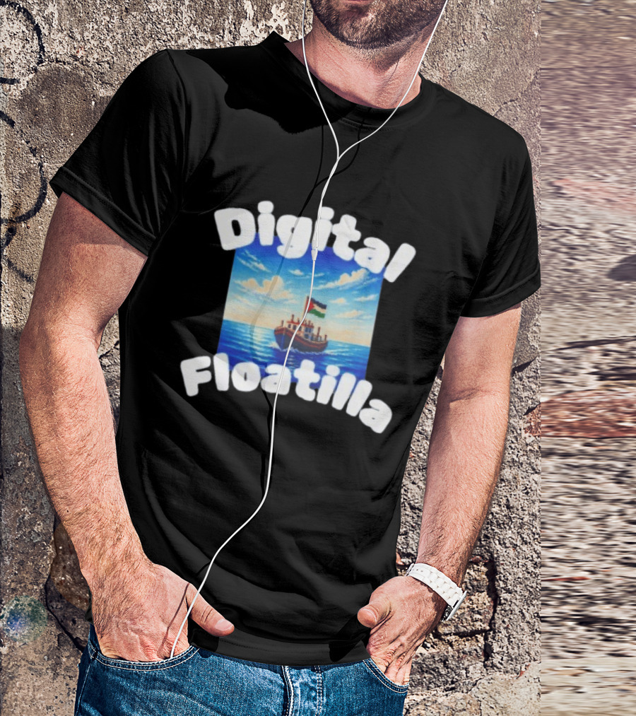 Digital Floatilla Boat With Flag On Ocean Waves T-Shirt
