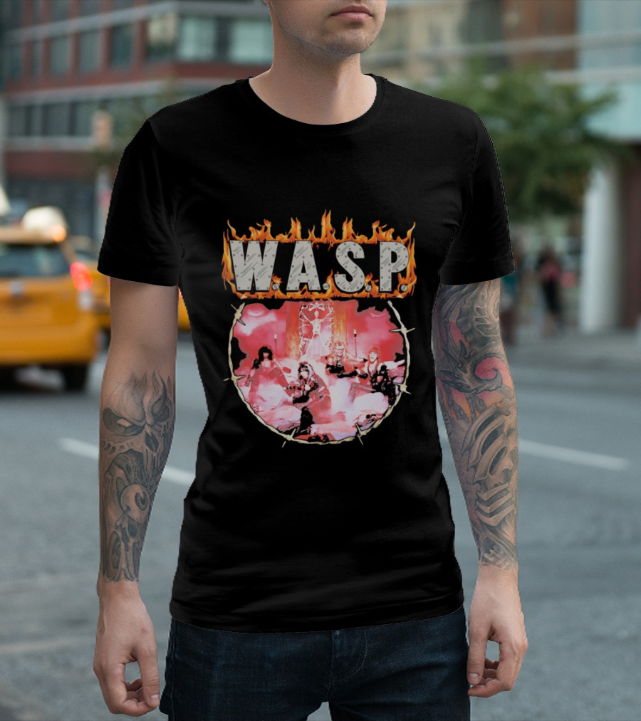 W.A.S.P. Band Fire With Group Photo And Flaming T-Shirt