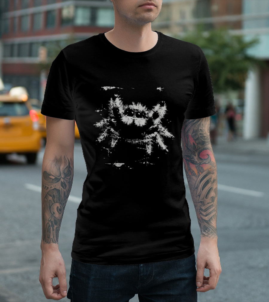 Jumping Spider Sketch White On Black T-Shirt