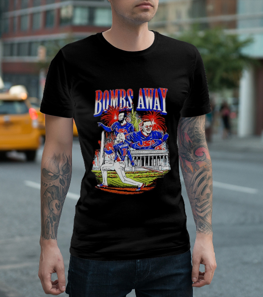 Bombs Away USA Firework Celebration And Baseball Scene T-Shirt