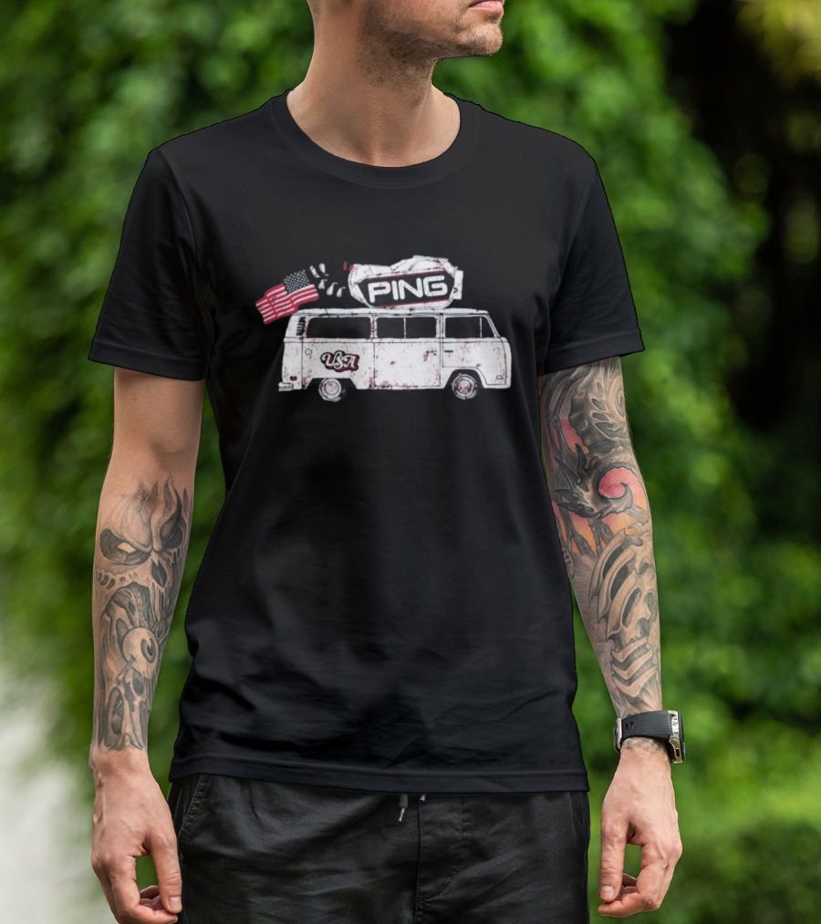 Ping USA Vintage Bus With American Flag And Surfboard T-Shirt