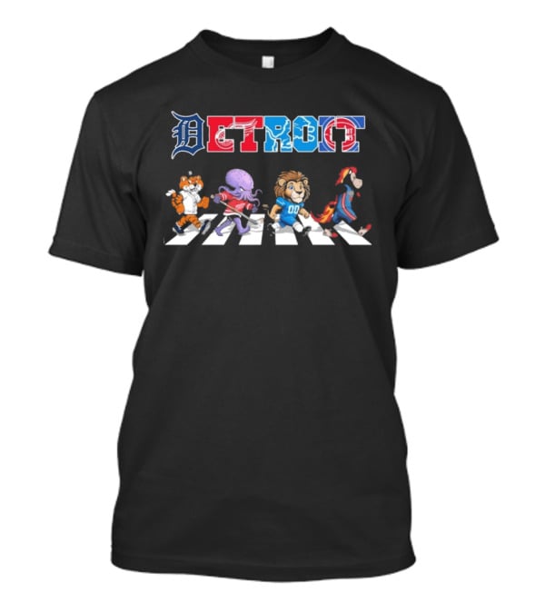 Detroit Tigers Red Wings Lions Pistons Mascots Walking Road T-Shirt