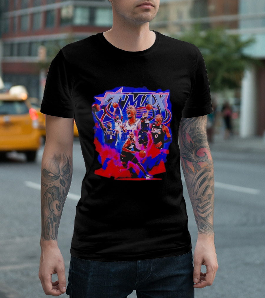 Tyrese Maxey MAX Philadelphia 76ers Basketball Action Montage T-Shirt