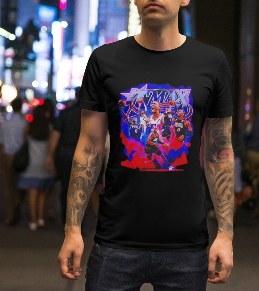 Tyrese Maxey MAX Philadelphia 76ers Basketball Action Montage T-Shirt