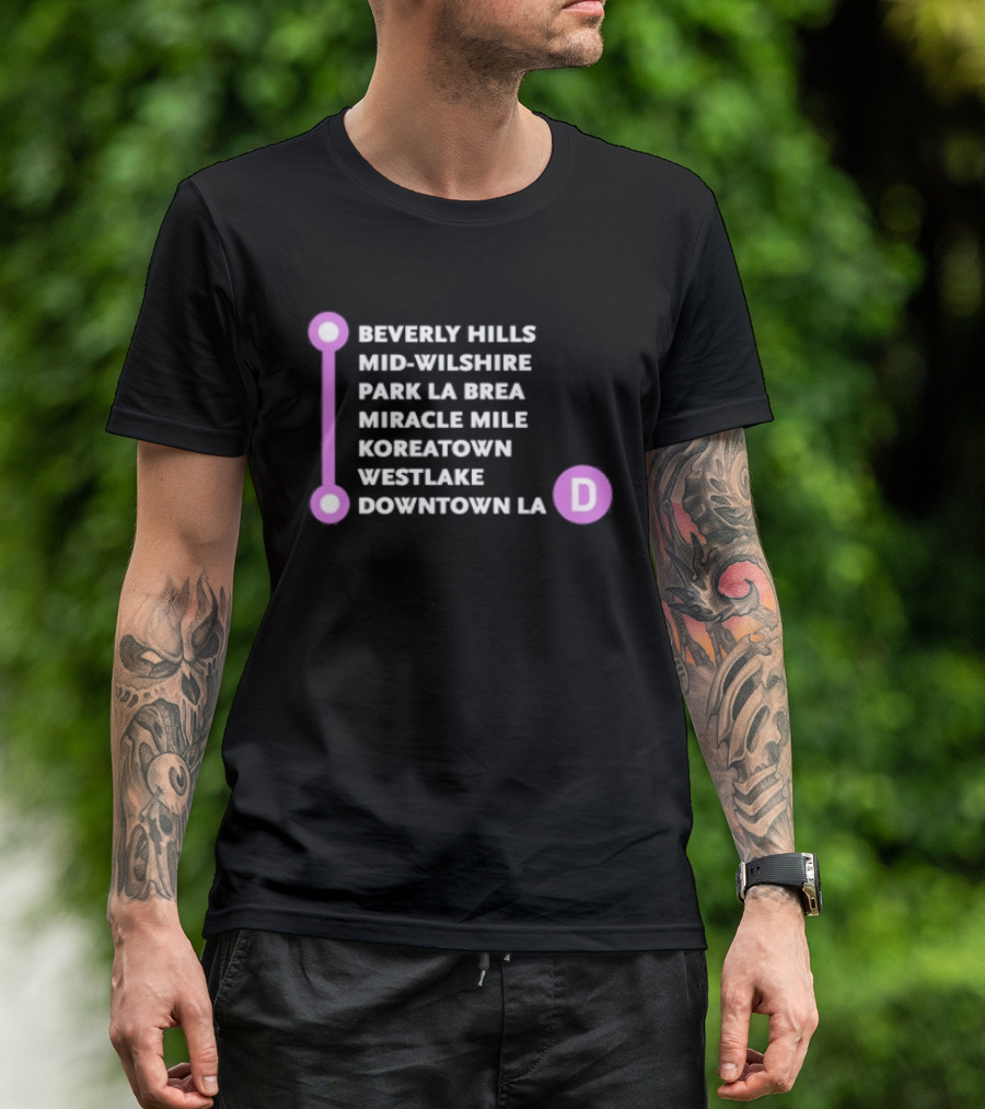 Beverly Hills Mid Wilshire Park La Brea Miracle Mile Koreatown Westlake Downtown LA D Map Purple Circle Route T-Shirt