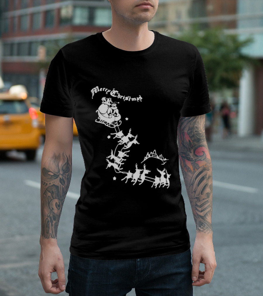 Merry Christmas Santa Sleigh Reindeer In Night Sky With Mountains Isla Gordon T-Shirt