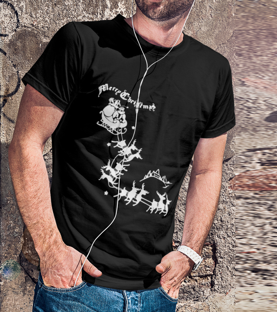 Merry Christmas Santa Sleigh Reindeer In Night Sky With Mountains Isla Gordon T-Shirt