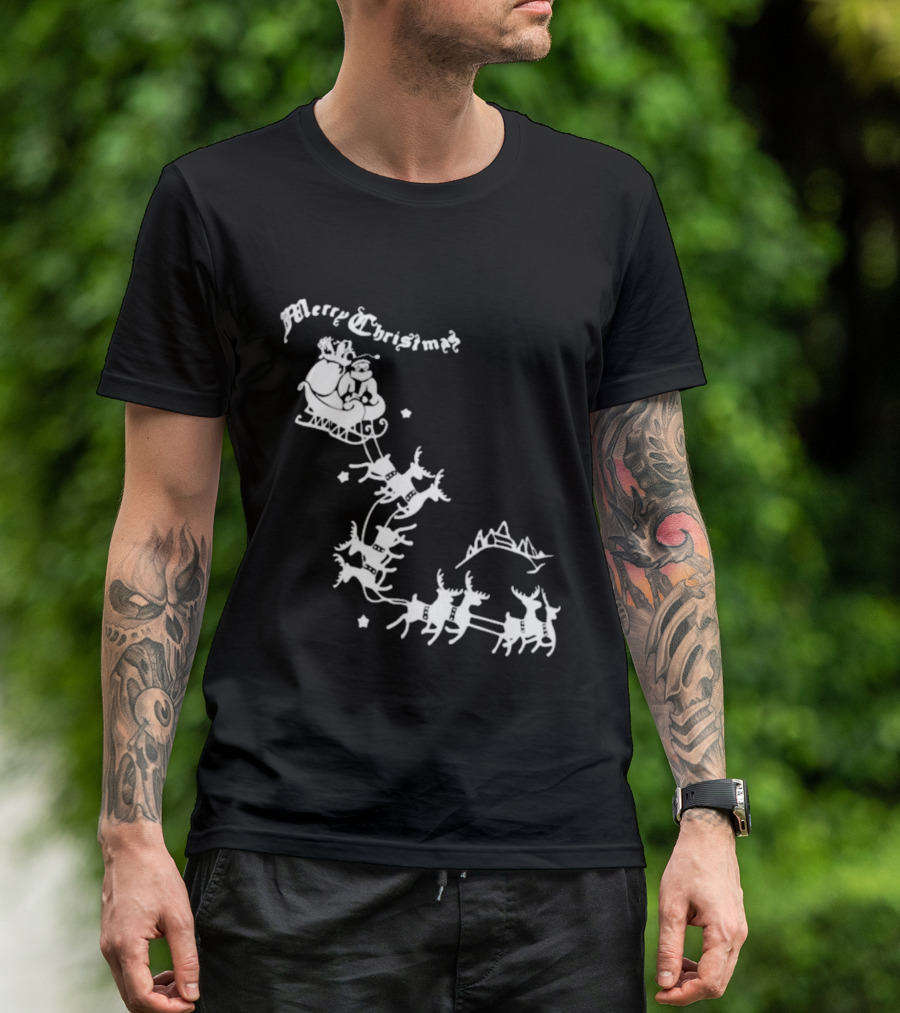 Merry Christmas Santa Sleigh Reindeer In Night Sky With Mountains Isla Gordon T-Shirt