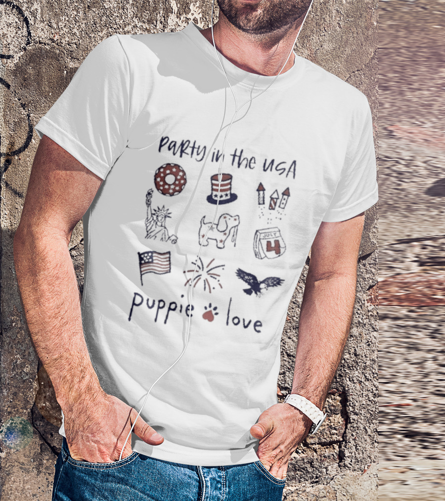 Party In The USA Puppie Love Patriotic Symbols Fireworks Hat Flag T-Shirt