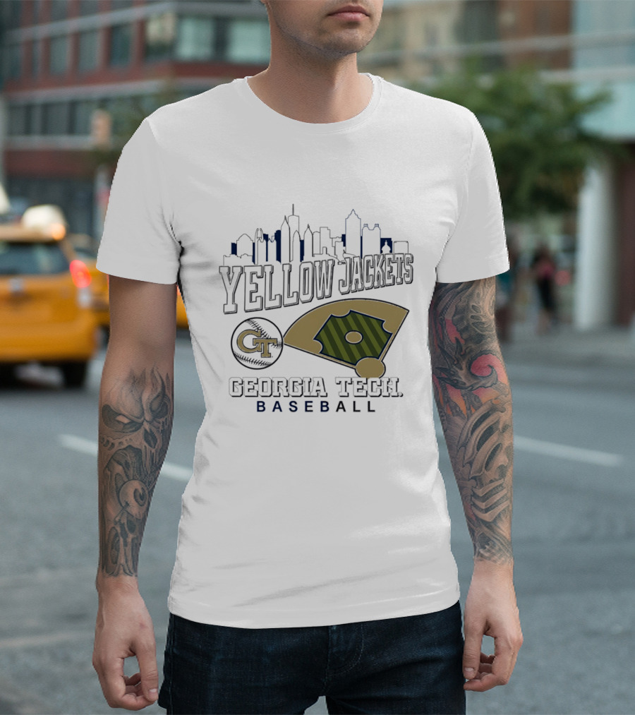 Georgia Tech Yellow Jackets Baseball City Skyline With GT Emblem And Field T-Shirt
