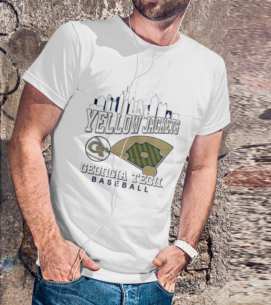 Georgia Tech Yellow Jackets Baseball City Skyline With GT Emblem And Field T-Shirt