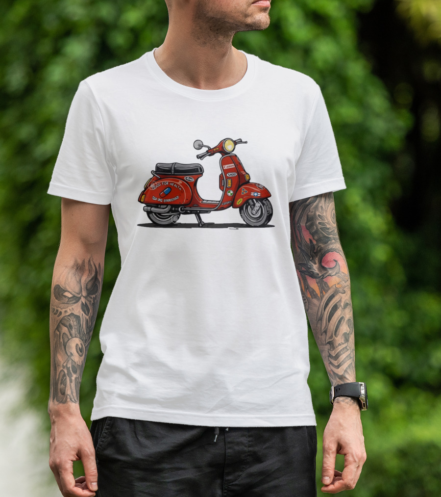 Kaneda's Vespa With Good For Health Sticker Citizen And Canon Shoei Arai Logos T-Shirt