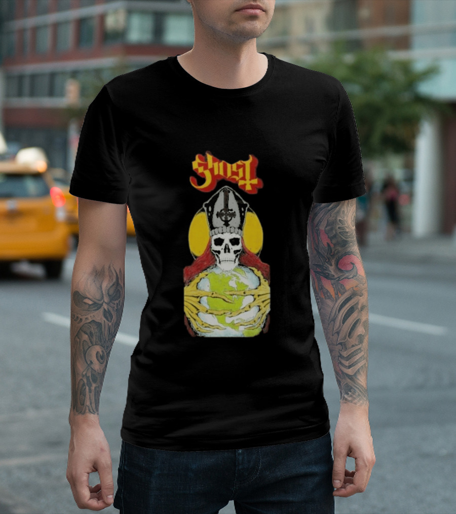 Ghost Skeleton Bishop Holding Earth Iconic Twisted Thread Ceremony T-Shirt