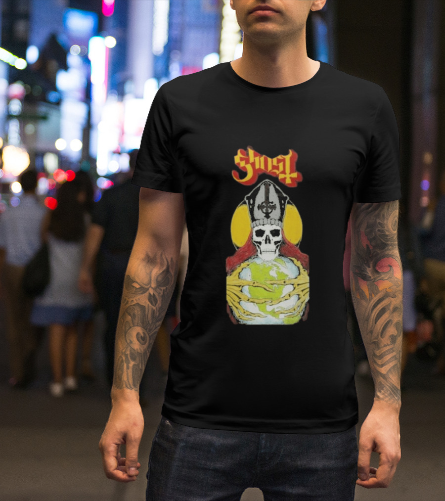 Ghost Skeleton Bishop Holding Earth Iconic Twisted Thread Ceremony T-Shirt
