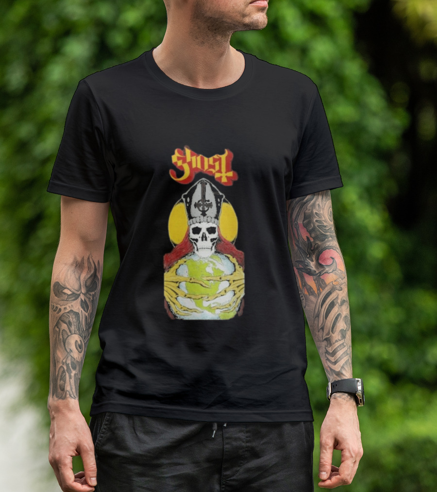 Ghost Skeleton Bishop Holding Earth Iconic Twisted Thread Ceremony T-Shirt