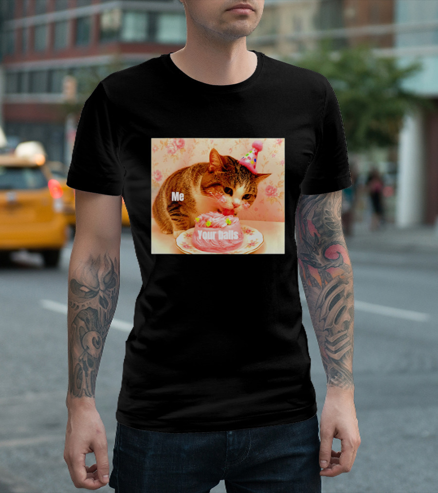 Me Your Balls Cat Eating Cake Party Hat T-Shirt