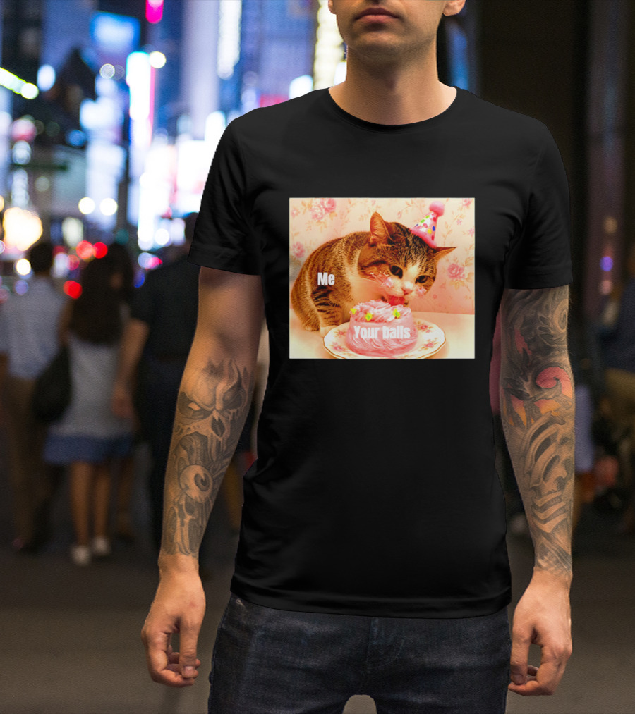 Me Your Balls Cat Eating Cake Party Hat T-Shirt