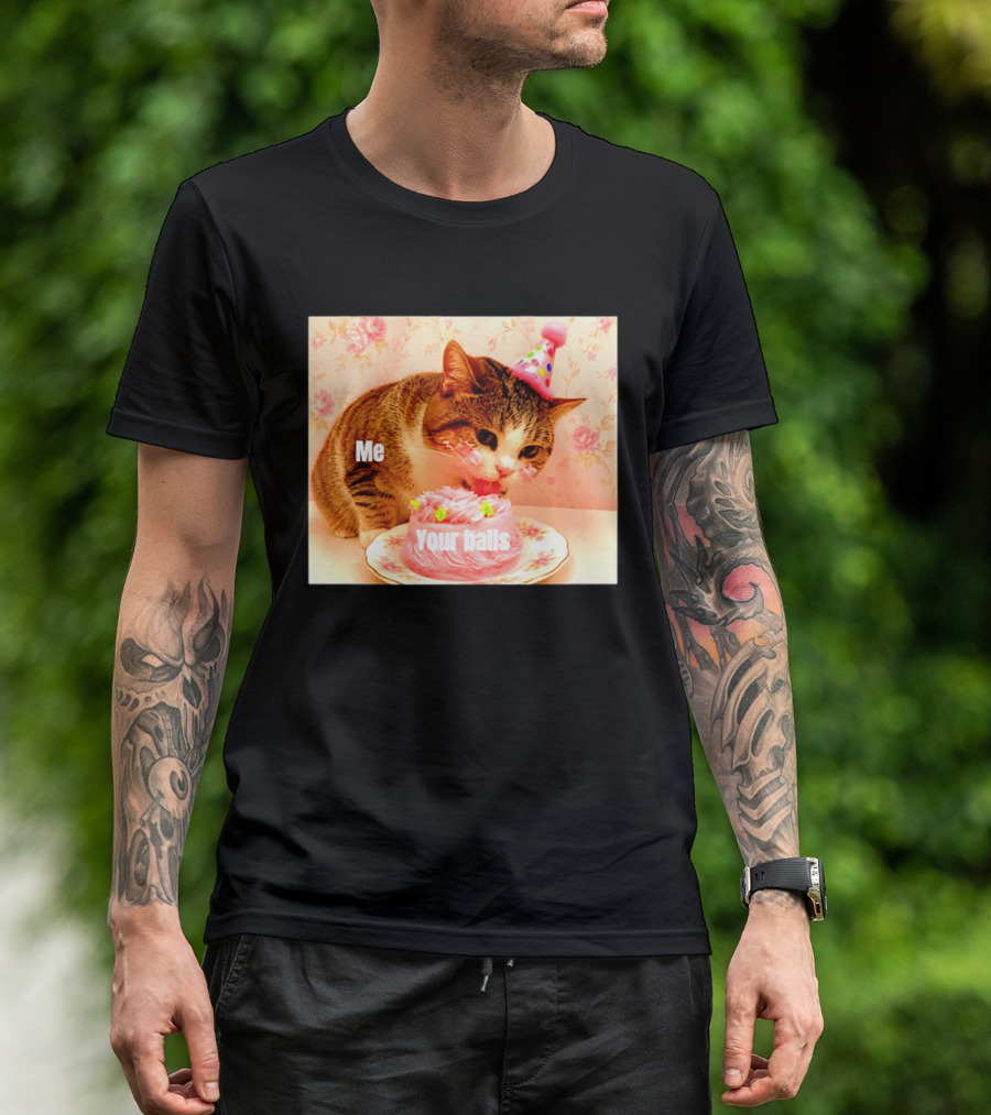 Me Your Balls Cat Eating Cake Party Hat T-Shirt