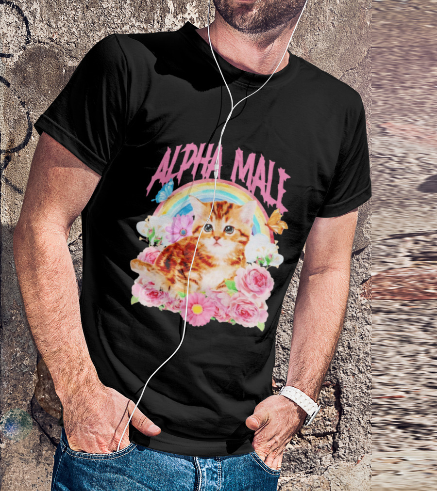 Alpha Male Kitten Rainbow Butterfly Floral Roses T-Shirt