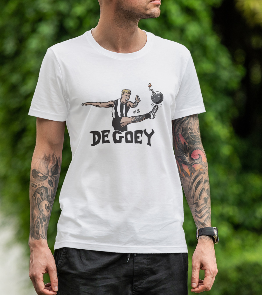 Jordan De Goey Number 2 Kicking Bomb Collingwood Magpies T-Shirt